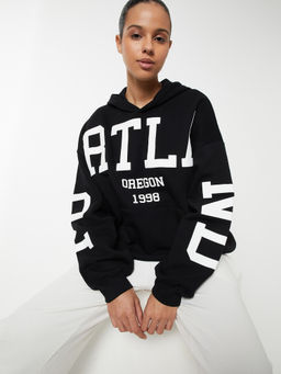 max - Women Black Printed Oversized Hoodie