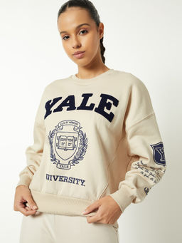 max - Women Beige Chenille Embroidered Boxy Fit Sweatshirt
