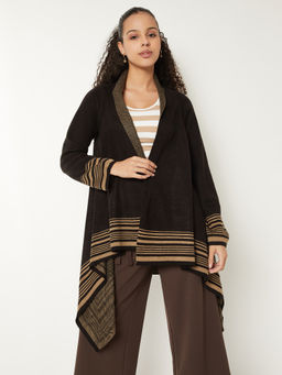 max - Women Black Striped Waterfall Shrug