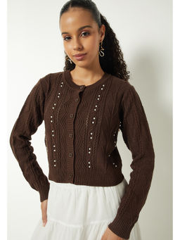 max - Women Brown Embellished Knit Cardigan