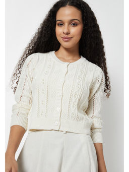 max - Women Off White Jacquard Pearl Embellished Cardigan