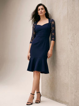 Outzidr - Navy Blue Sweetheart Dress with Lace Sheer Sleeves