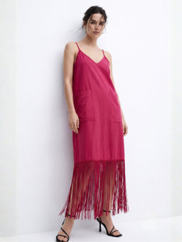 Outzidr - Pink Strappy Dress with Fringe Details & Pocket