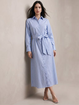 Outzidr - Blue Striped Shirt Midi Dress with Belt