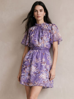 Outzidr - Purple High Neck Printed Dress With Belt Tie Up Detail