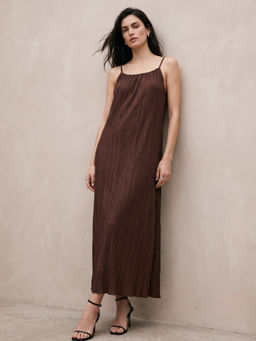 Outzidr - Brown Spaghetti Strap Bead Detail Dress