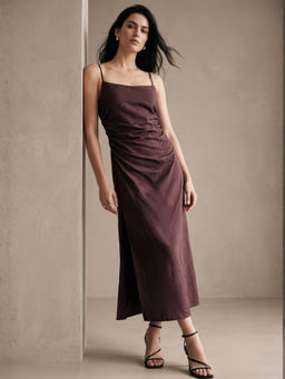 Outzidr - Brown Spaghetti Strap Side Ruched Dress