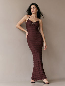 Outzidr - Brown Halter Neck Textured Bodycon Dress