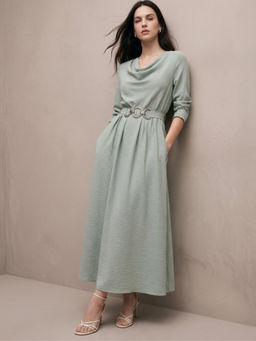Outzidr - Mint Green Cowl Neck Dress With Metal Trim Belt Detail