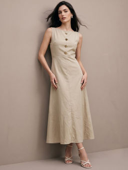 Outzidr - Beige Button Down Detail Flowy Dress