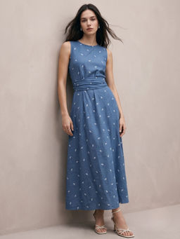 Outzidr - Blue All Over Printed Cinched Waist Dress with Belt