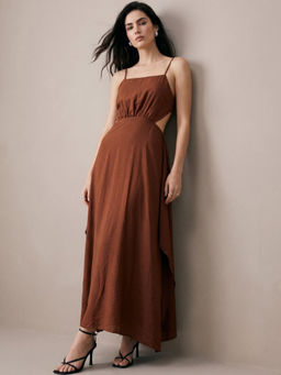 Outzidr - Brown Strappy Dress With Below Waist Tie Up Detail