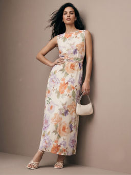Outzidr - Multi-Color All Over Printed Cinched Waist Dress with Belt