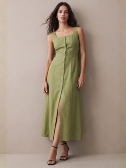 Outzidr - Olive Square Neck Button Down Dress