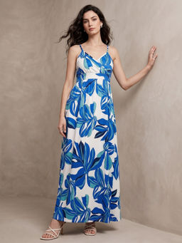 Outzidr - Blue Strappy Wrap Printed Dress