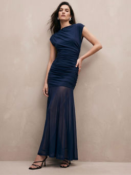 Outzidr - Navy Blue Boat Neck Fitted Dress