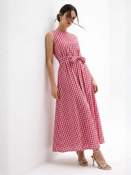Outzidr - Red Waist Bow Flare Dress with Belt