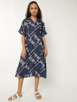 max - Women Navy Blue Checks Shirt Dress