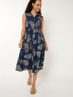 max - Women Navy Blue Printed A-Line Midi Dress