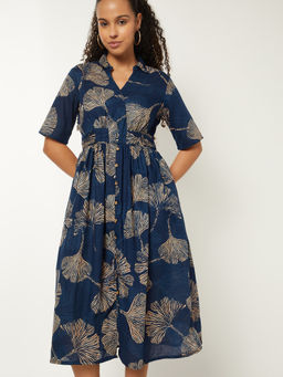 max - Women Navy Blue Printed A-Line Shirt Dress