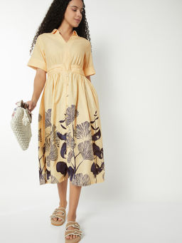 max - Women Cream Floral Print Midi Shirt Dress
