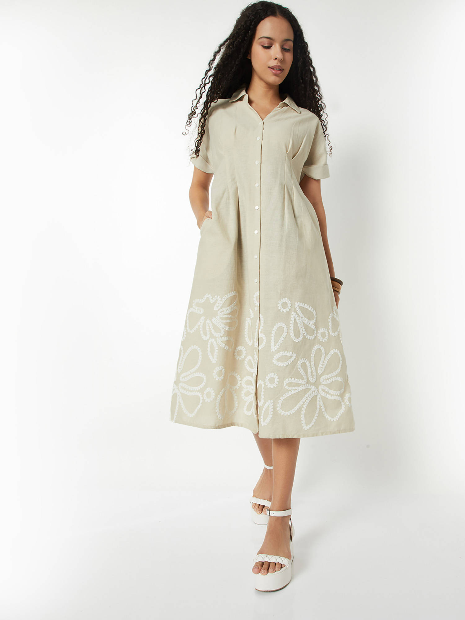 Max | Women Grey Embroidered A-Line Shirt Dress