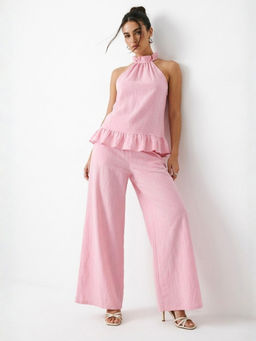Outzidr - Pink Halter Neck Ruffled Hem Co-Ord Set