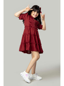 NEOFAA - Girls Puff Sleeve Solid Red Mandarin Neck Shirt Dress