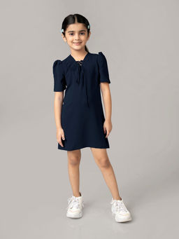 NEOFAA - Girls Puff Sleeve Solid Navy Blue V Neck Mini Dress