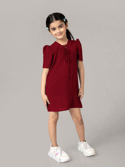 NEOFAA - Girls Puff Sleeve Solid Maroon V Neck Mini Dress