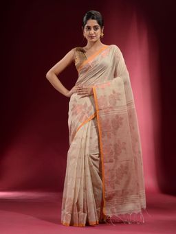 CHARUKRITI - Beige with Floral Zari and Contrast Pallu Saree with Unstitched Blouse