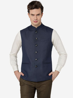 Greenfibre - Mens Terry Wool Solid Blue Regular Fit - Mandarin Neck Bandhgala