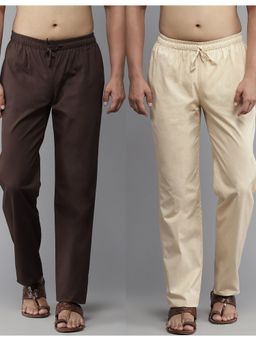 See Designs - Men Deep Brown and Beige Solid Pure Cotton Pyjama (Set of 2)