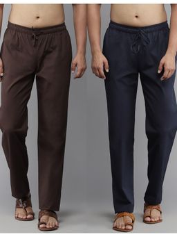 See Designs - Men Deep Brown and Navy Blue Solid Pure Cotton Pyjama (Set of 2)