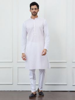 See Designs - Men White Cotton Pink Thread Work and Sequins Kurta with Pyjama (Set of 2)