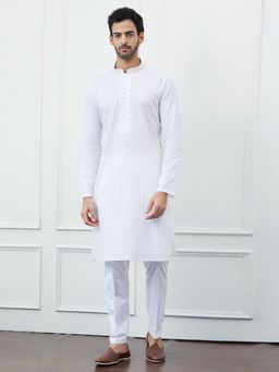 See Designs - Men White Cotton Gold Thread Work and Sequin Kurta