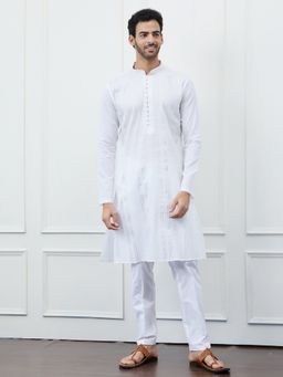 See Designs - Men White Cotton Silver Thread Work and Sequin Kurta