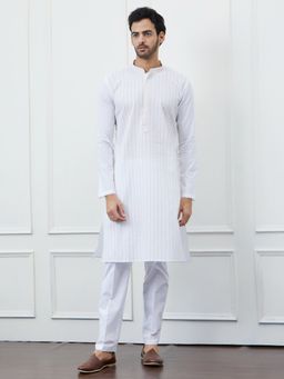 See Designs - Men White Cotton Gold Thread Work and Sequins Kurta with Pyjama (Set of 2)