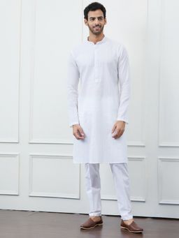 See Designs - Men White Cotton Multi Thread Work Kurta with Pyjama (Set of 2)