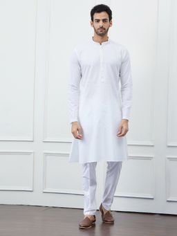 See Designs - Men White Cotton Thread Work Kurta with Pyjama (Set of 2)