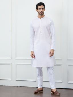 See Designs - Men White Cotton Pink Thread Work and Sequin Kurta