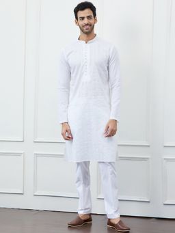 See Designs - Men White Cotton Thread Work and Sequin Kurta