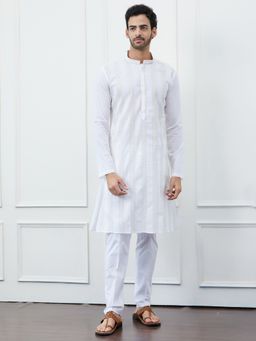 See Designs - Men White Cotton Gold Thread Work Kurta with Pyjama (Set of 2)