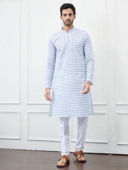 See Designs - Men White and Blue Chikankari Embroidered Cotton Kurta