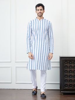 See Designs - Men White and Blue Chikankari Embroidered Cotton Kurta