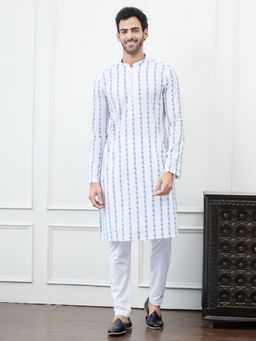 See Designs - Men White and Blue Chikankari Embroidered Cotton Kurta