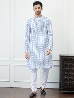 See Designs - Men White and Blue Chikankari Embroidered Cotton Kurta