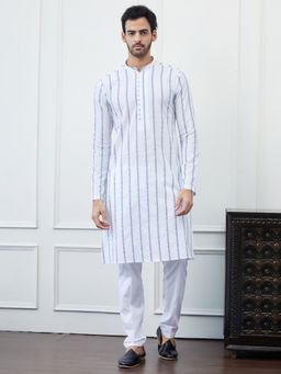 See Designs - Men White and Blue Chikankari Embroidered Cotton Kurta with Pyjama (Set of 2)