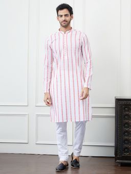 See Designs - Men White and Orange Chikankari Embroidered Cotton Kurta with Pyjama (Set of 2)