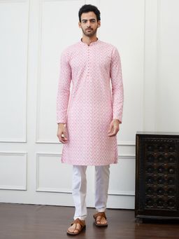 See Designs - Men Pink and White Chikankari Embroidered Cotton Kurta